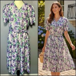 🪻Vintage Floral Print Purple & Green Women's Dress with Belt